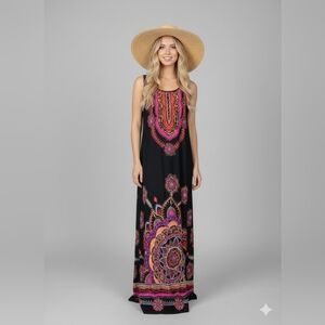 AB Studio Sz XL Black White Maxi Length Sleeveless Dress Aztec Abstract Pattern